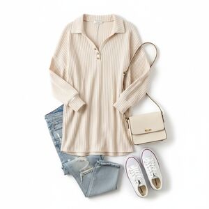 ASOS Oversized Beige Ribbed Long Sleeve Shirt Dress